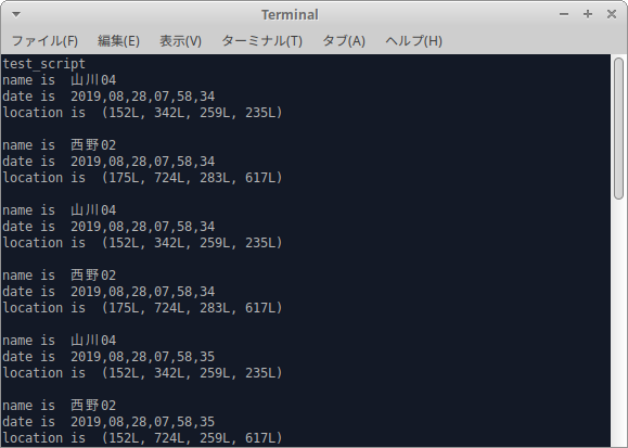 terminal に表示される様子