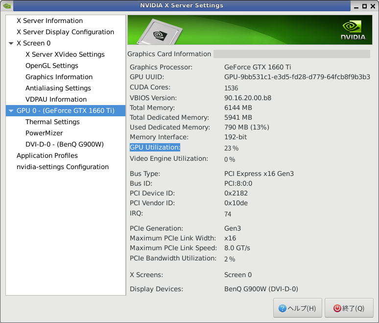 GPU Utilization (使用率)は 19%